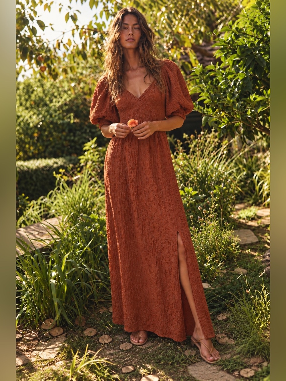 NWOT Saltwater LUXE Rust Maxi Puff Sleeve Cross Back Cutout Boho Maxi Dress, S